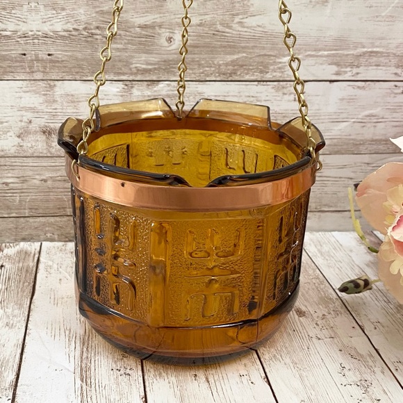 Vintage 70’s Princess House Amber Etched Glass Hanging Planter Plant Holder - Picture 6 of 13